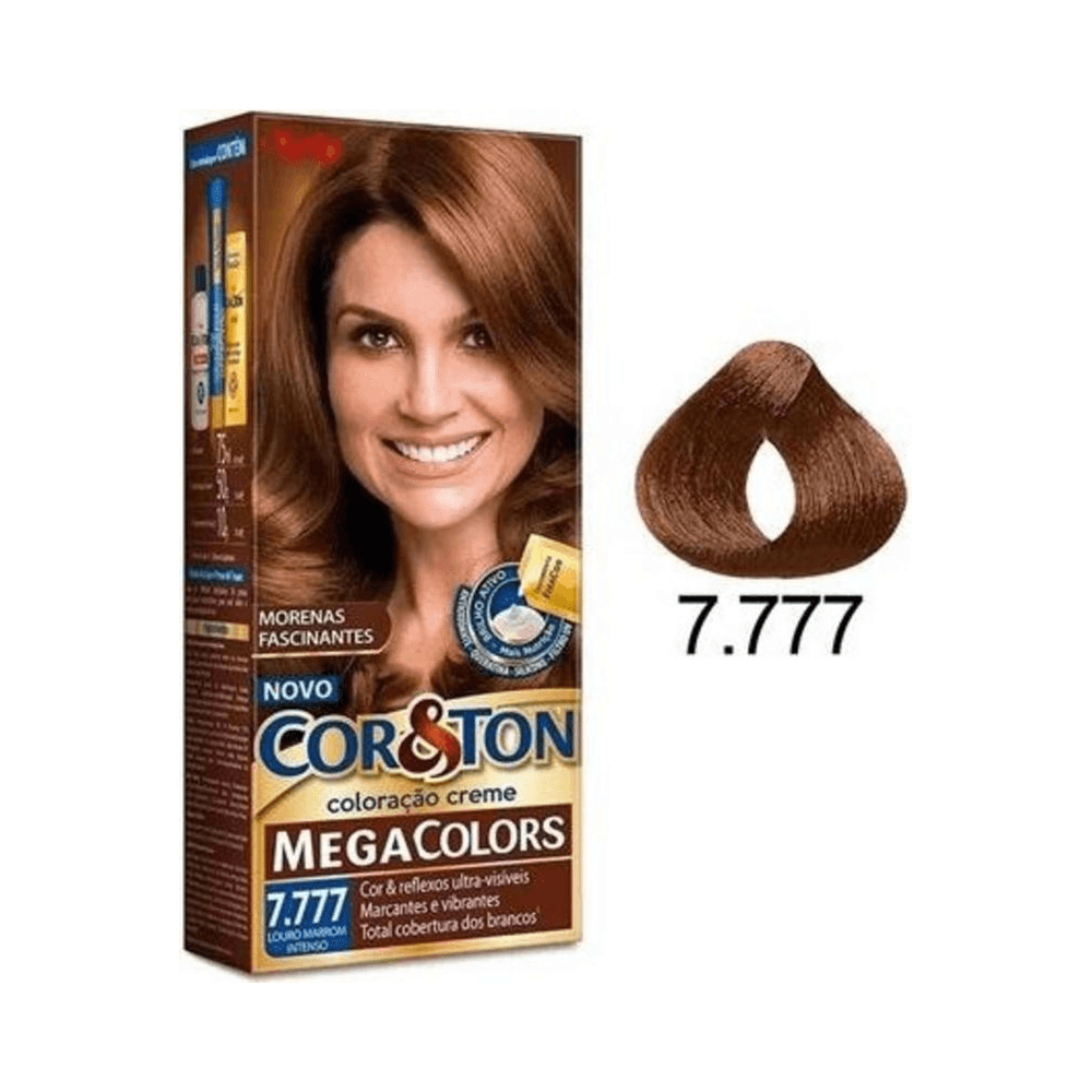 Imagem da caixa Cor&Ton MegaColors 7.777 com amostra de mecha