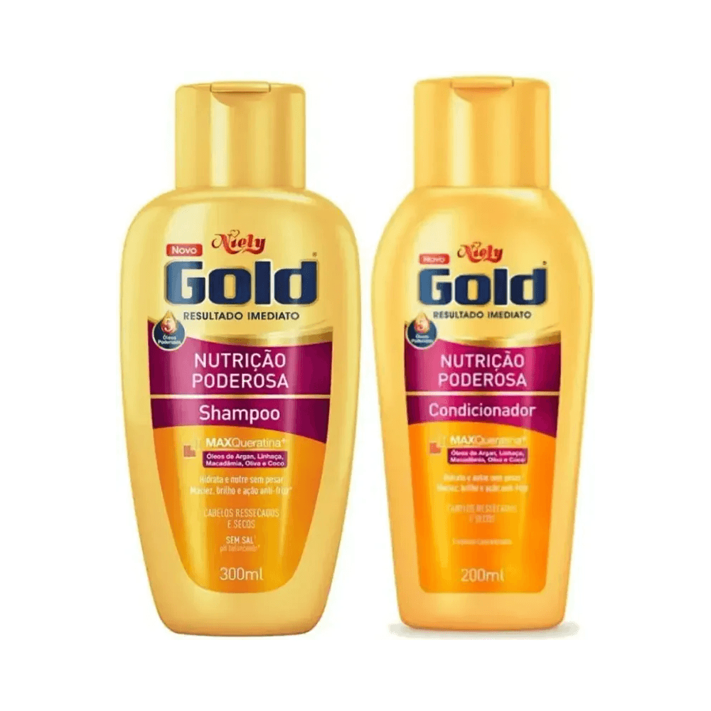 Shampoo 300ml e Condicionador 200ml Niely Gold Nutrição Poderosa - frascos dourados