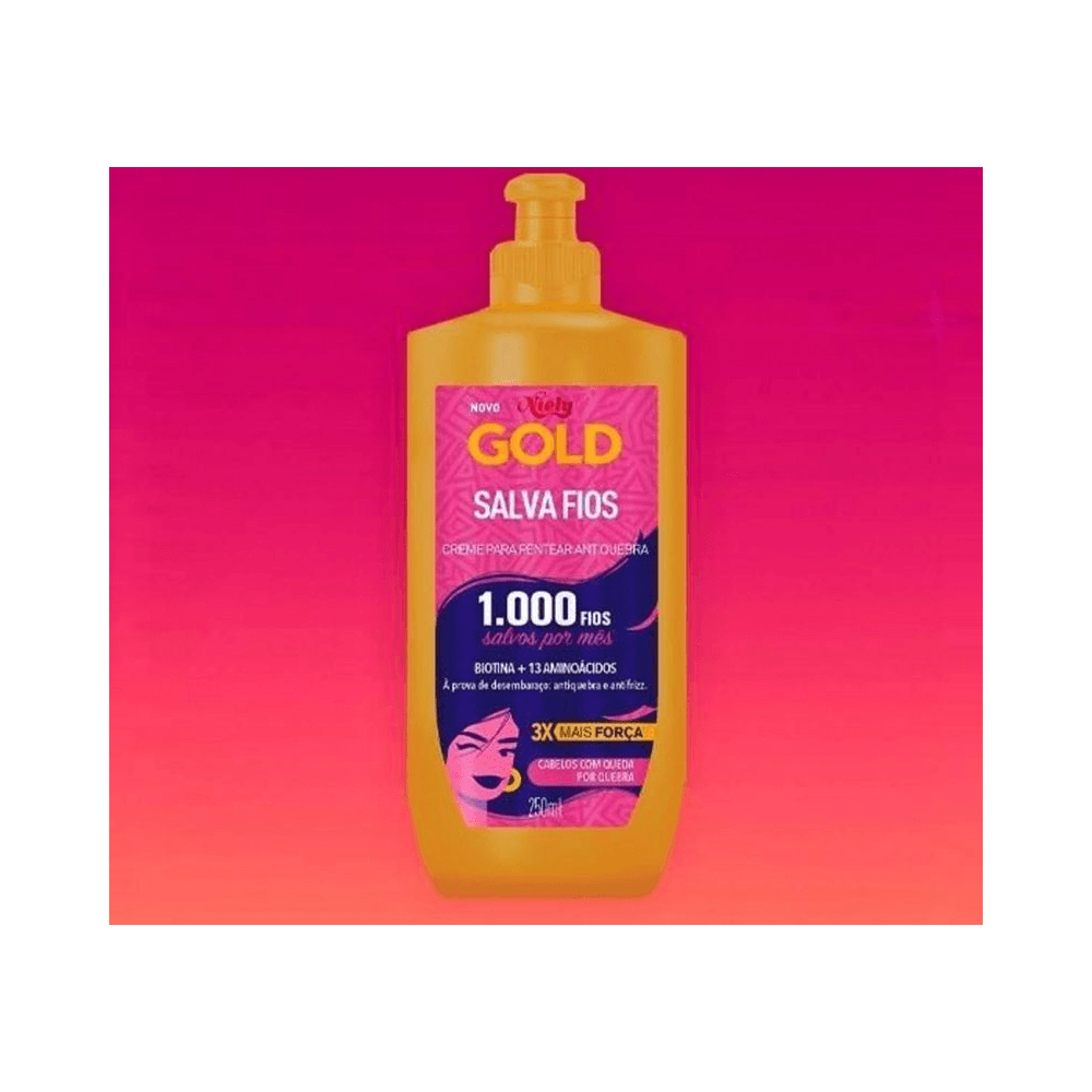 Embalagem Niely Gold Salva Fios 250ml com destaque para ação antifrizz e fórmula nutritiva
