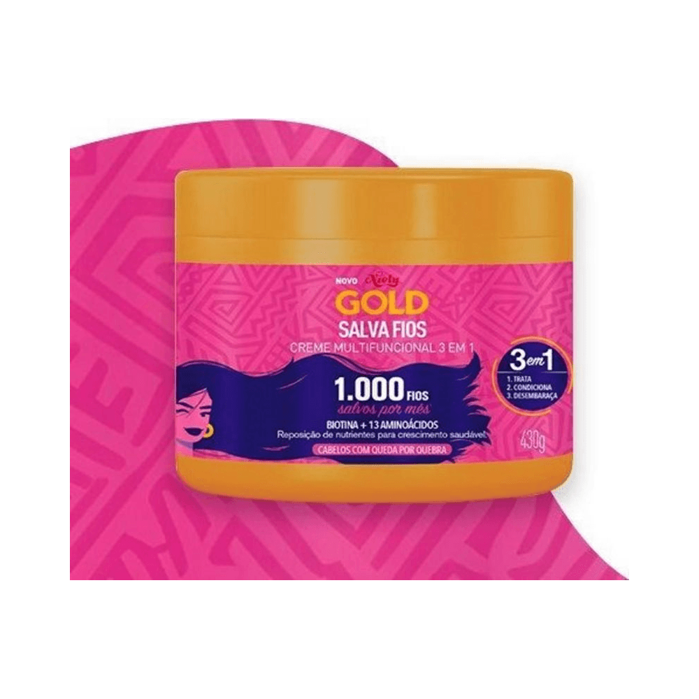 Pote Niely Gold Salva Fios 430g em fundo rosa