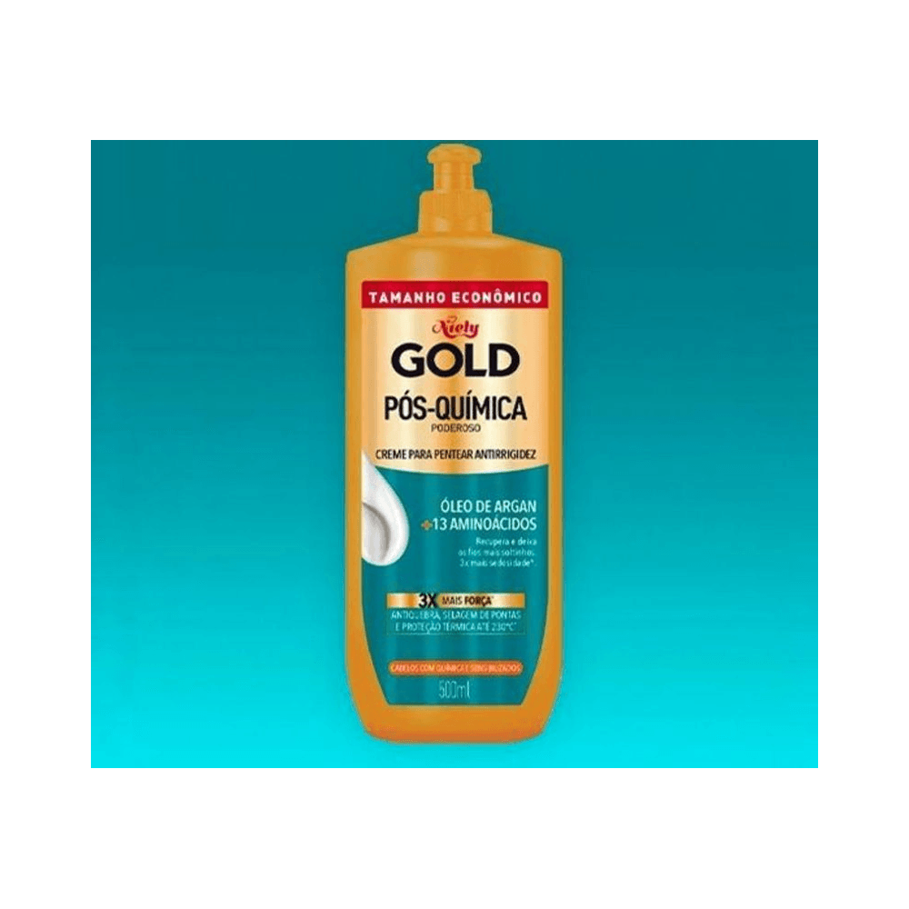 Embalagem com pump dourado do Creme de Pentear Niely Gold 500ml