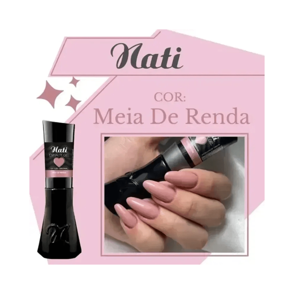 Esmalte Nati Gel Meia de Renda aplicado em unhas — amostra da cor