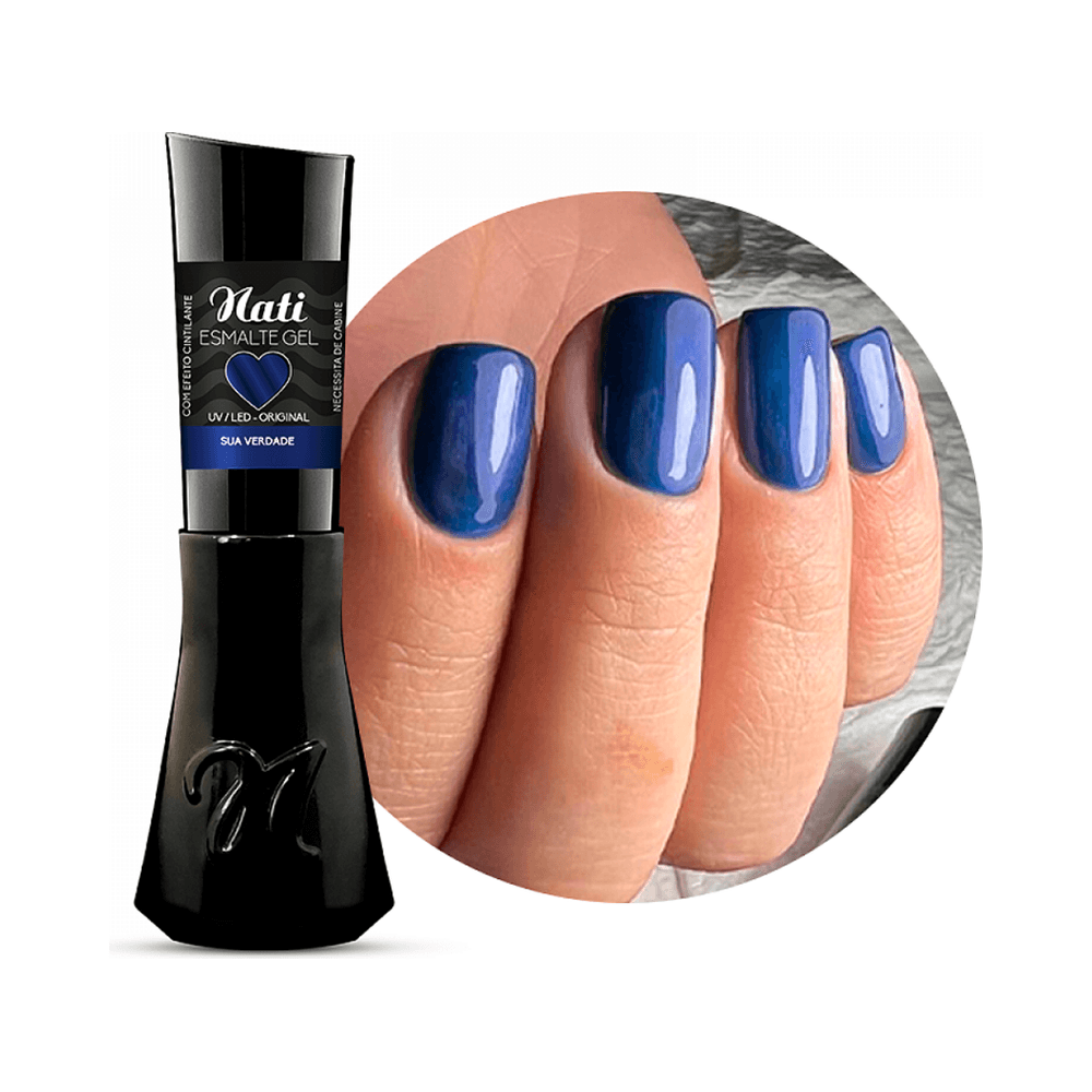 Esmalte Nati Gel à esquerda e aplicação em unhas azuis à direita