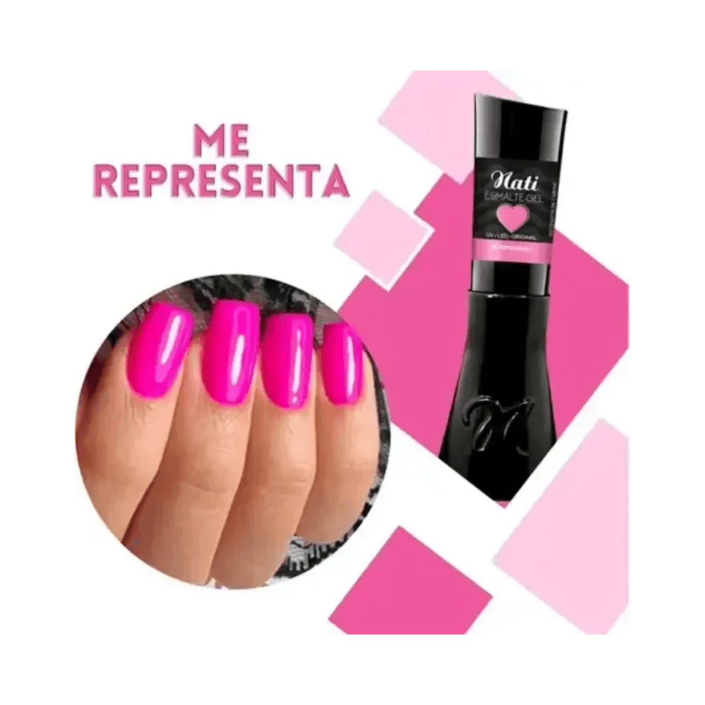 Esmalte Nati Me Representa e amostra em unhas rosa