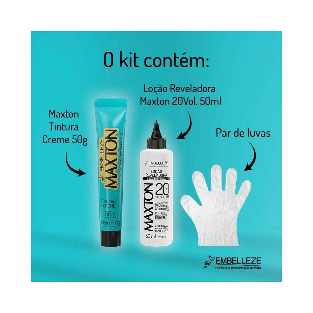 Conteúdo do kit Maxton: tubo de tintura, revelador e luvas