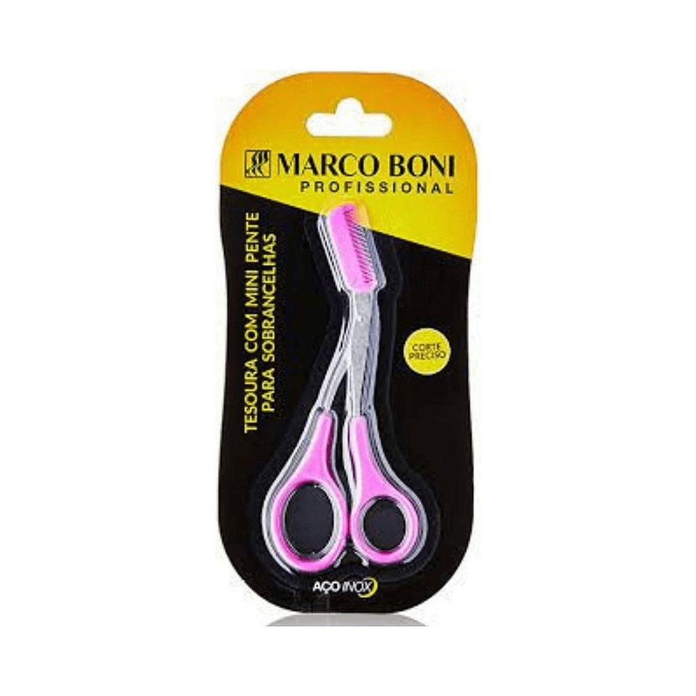 Tesoura Marco Boni em blister, destaque para corte preciso e indicação de aço inox