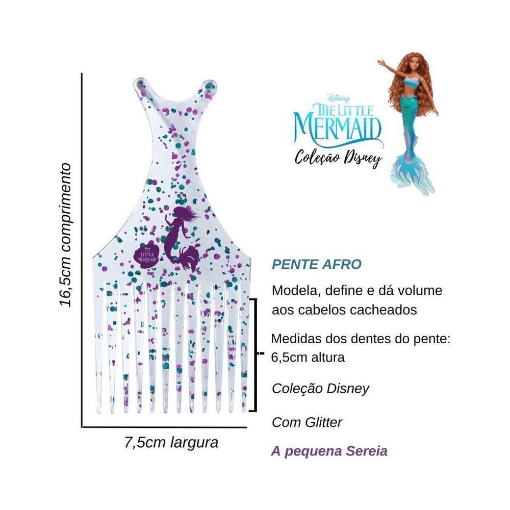 Pente Afro Marco Boni Disney Sereia com medidas e destaque para dentes espaçados