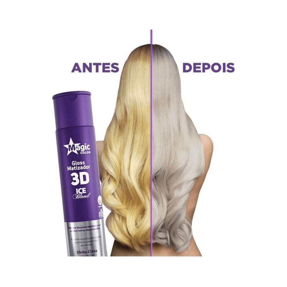 Antes e depois do Matizador Magic Color Ice Blond mostrando neutralização do amarelado