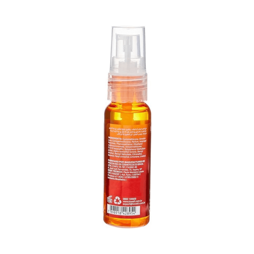 Verso do frasco Lowell Hide Sun 30ml com rótulo de ingredientes