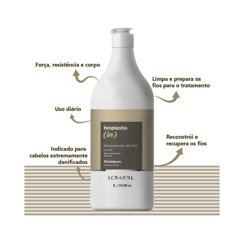 Shampoo Lowell Bioplastia In 1L vista com benefícios destacados