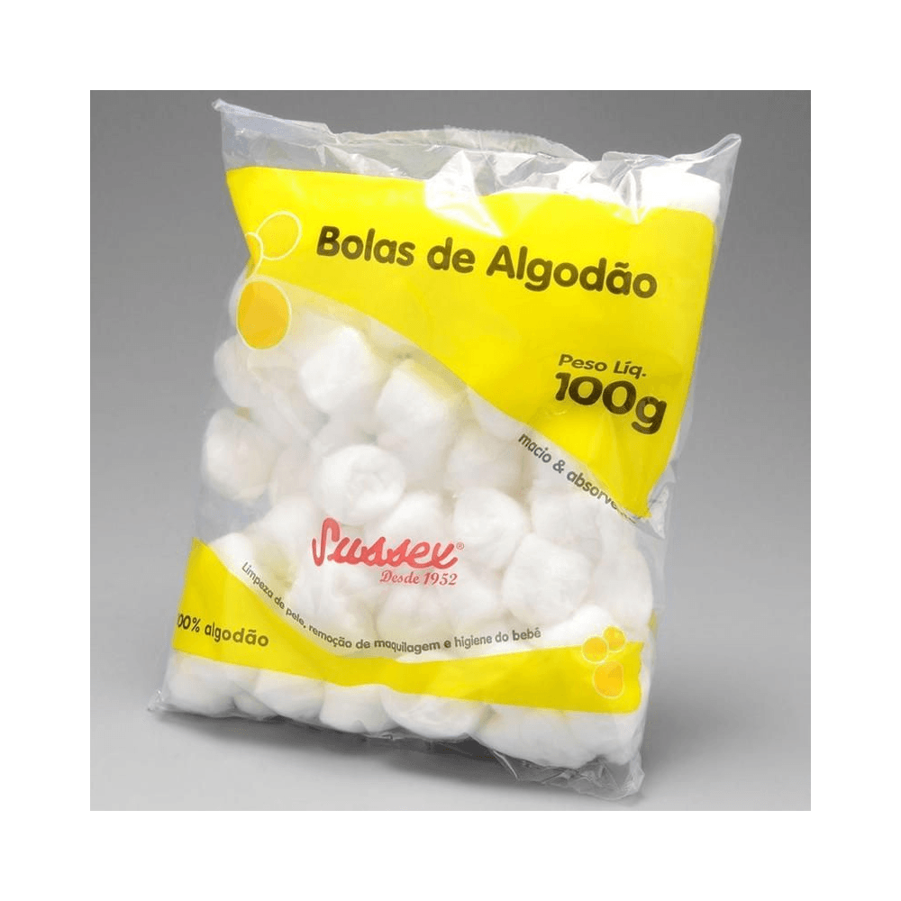Pacote Sussex Bolas de Algodão 100g - vista do rótulo e bolas brancas
