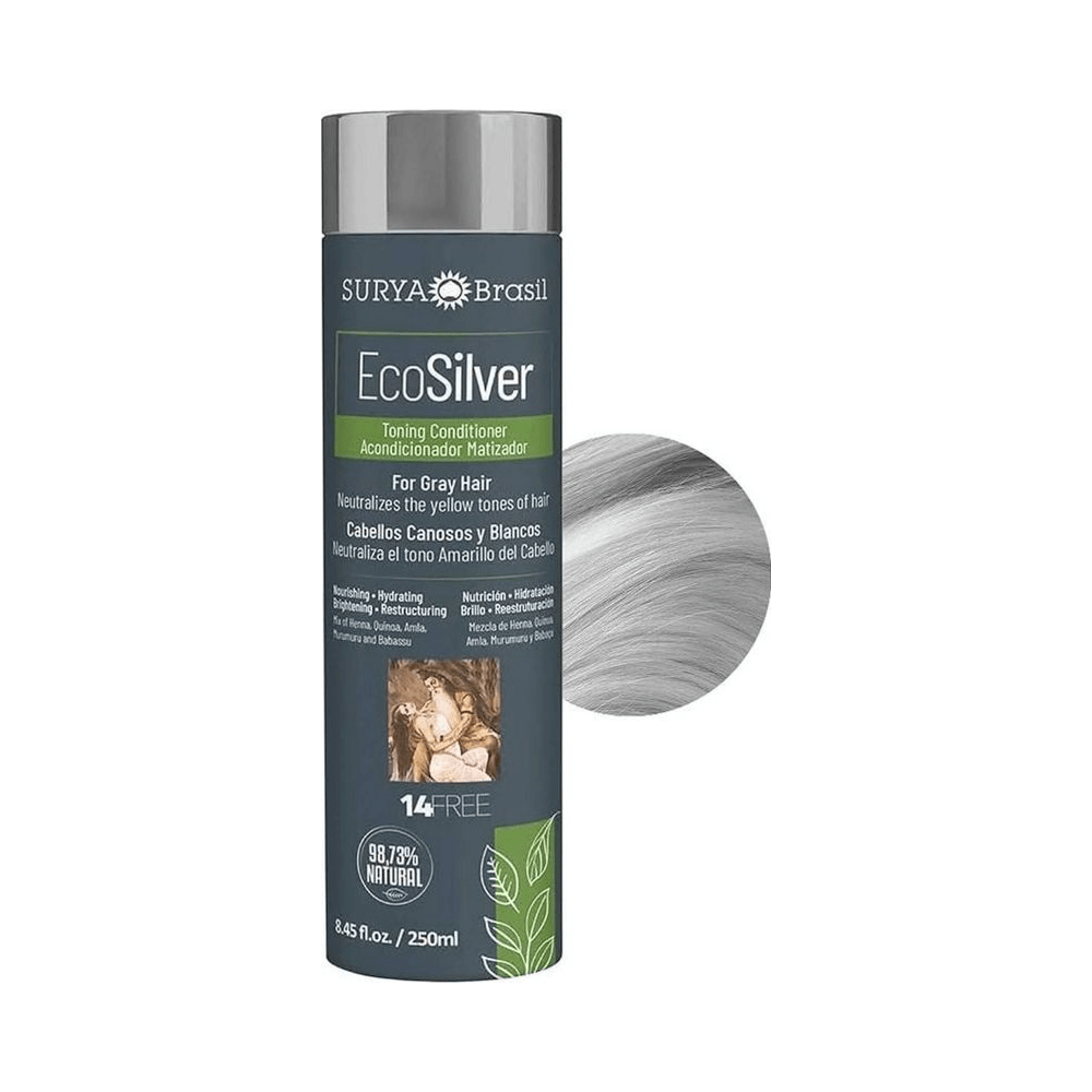 Condicionador EcoSilver Surya 250ml - detalhe do rótulo e efeito prateado