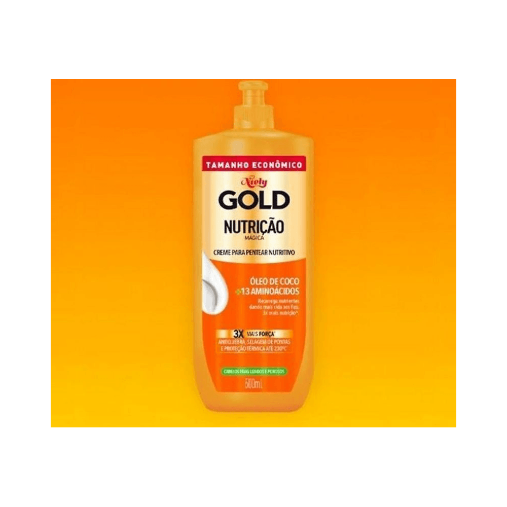 Frasco pump do Creme de Pentear Niely Gold Nutrição Mágica sobre fundo degradê laranja