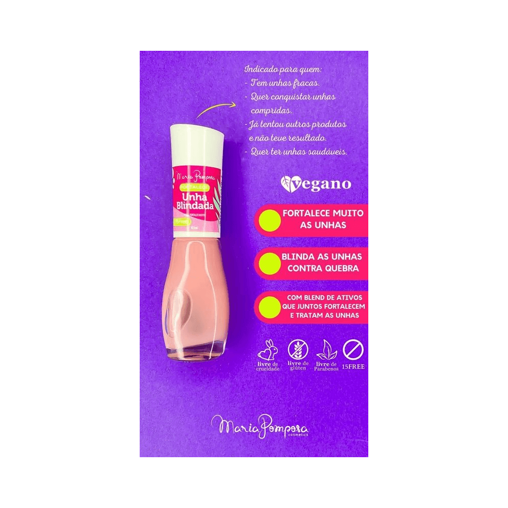 Frasco da Base Unha Blindada com fundo roxo e claims vegano e 15 Free