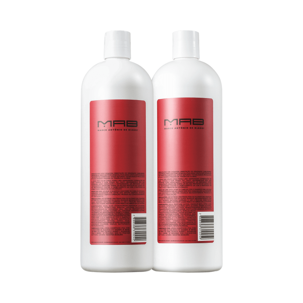 Duas unidades do condicionador MAB Color Shield 1000ml mostrando rótulos e tampa
