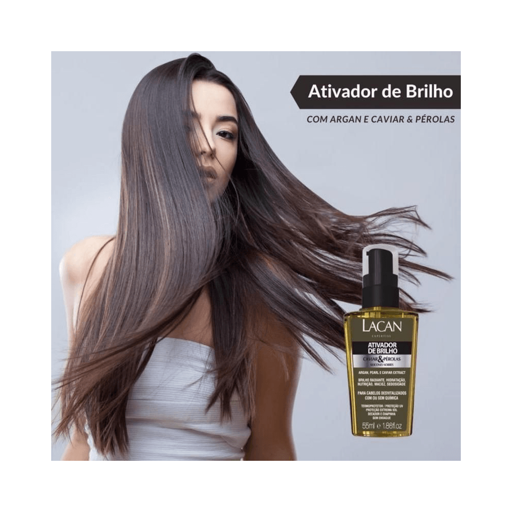 Produto Lacan com modelo e destaque para ativos argan, caviar e pérolas