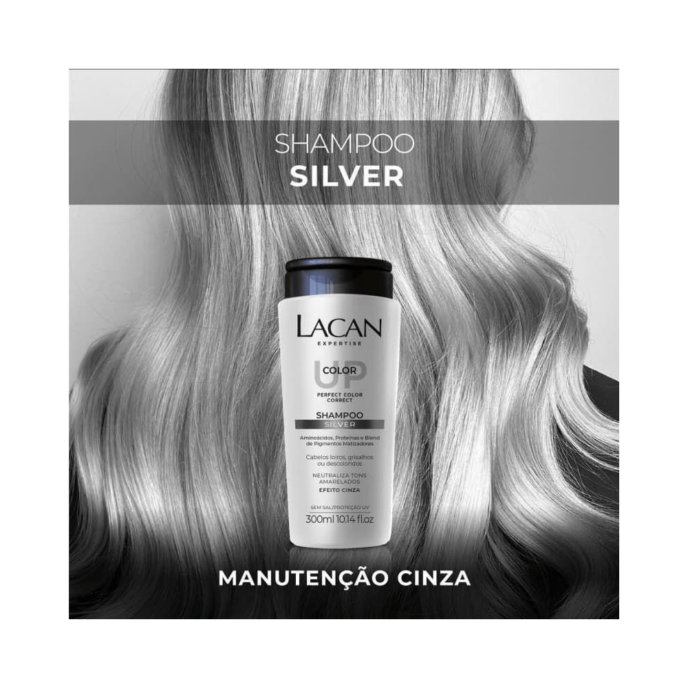 Imagem promocional Shampoo Lacan Silver Color Up mostrando manutenção do tom cinza