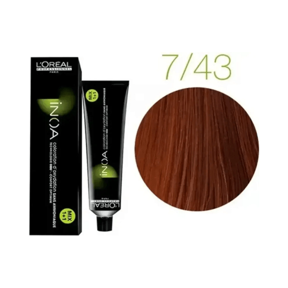 Bisnaga e amostra de cor 7/43 Louro Claro Acinzenta - L'Oréal Professionnel INOA 60g