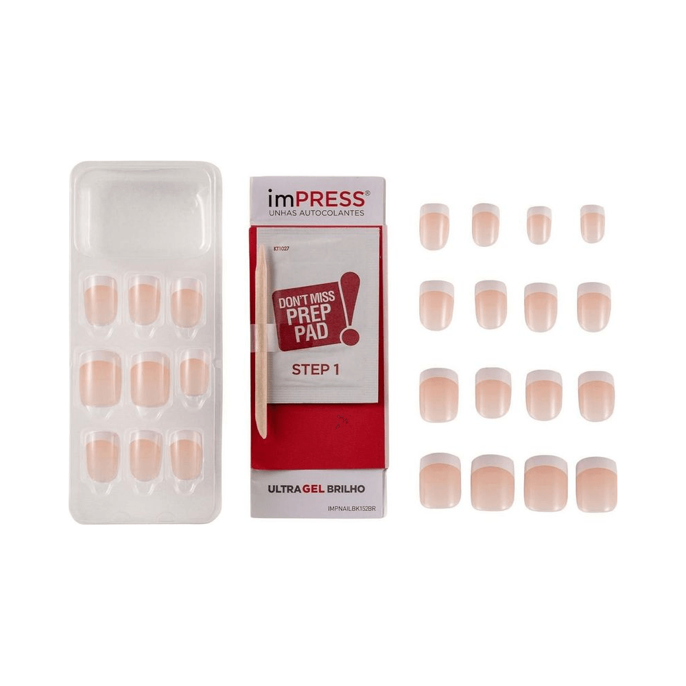 Blister e acessórios do kit imPRESS mostrando 24 unhas com ponta branca e brilho gel