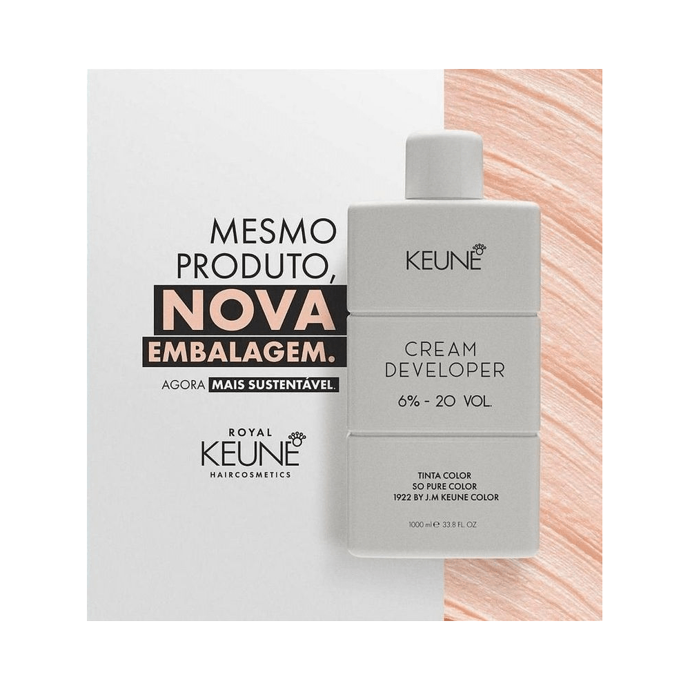 Oxigenada Keune Developer 20 Volumes 1000ml com destaque para nova embalagem sustentável