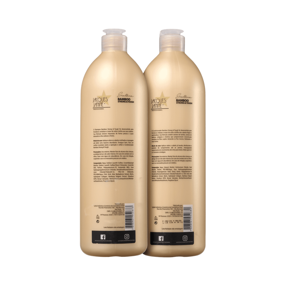 Vista traseira dos frascos do Kit Jacques Janine Bamboo Strong 450ml mostrando composição e modo de uso