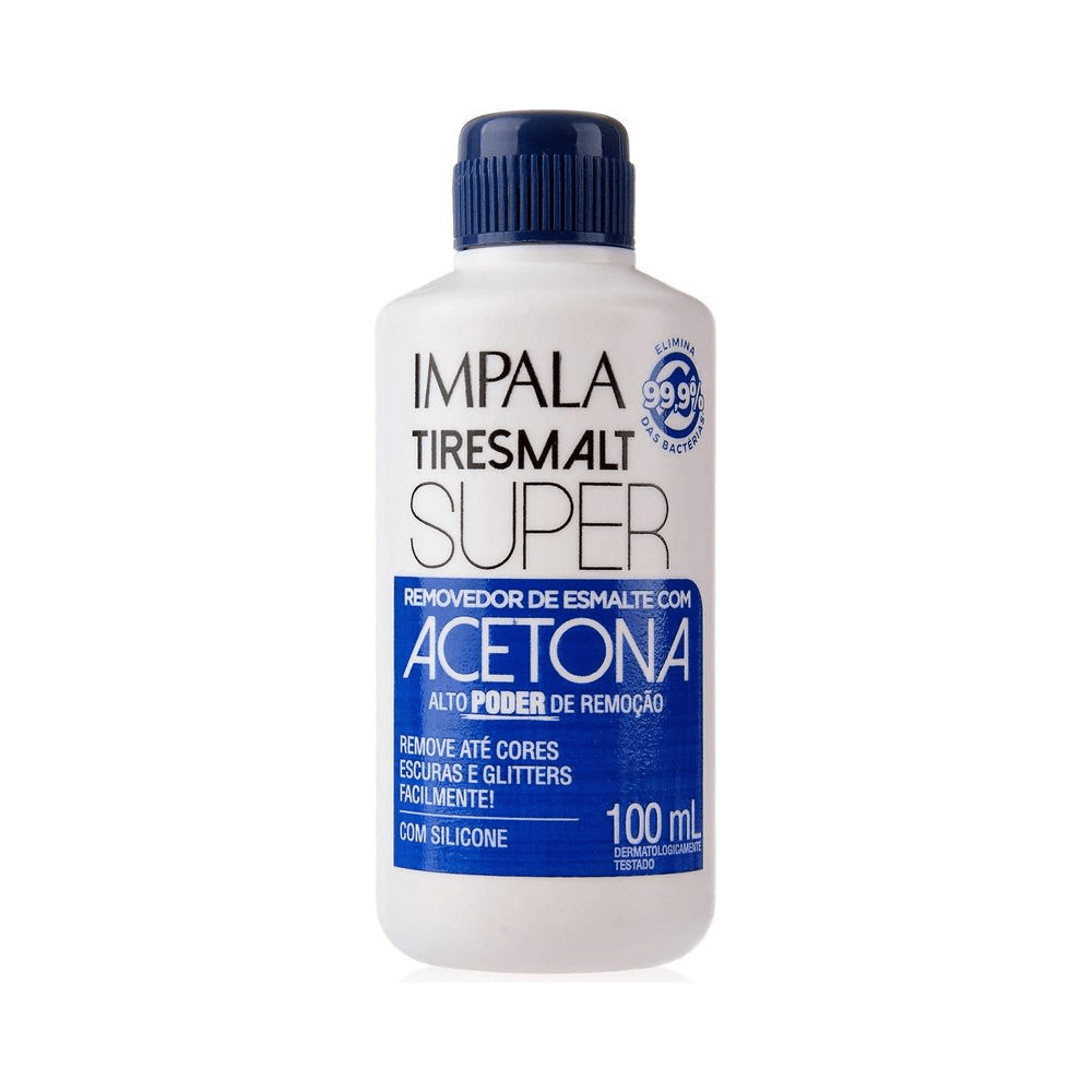 Removedor de Esmalte Impala Tiresmalt Super 100ml - rótulo destacando 'ACETONA' e 'alto poder de remoção'