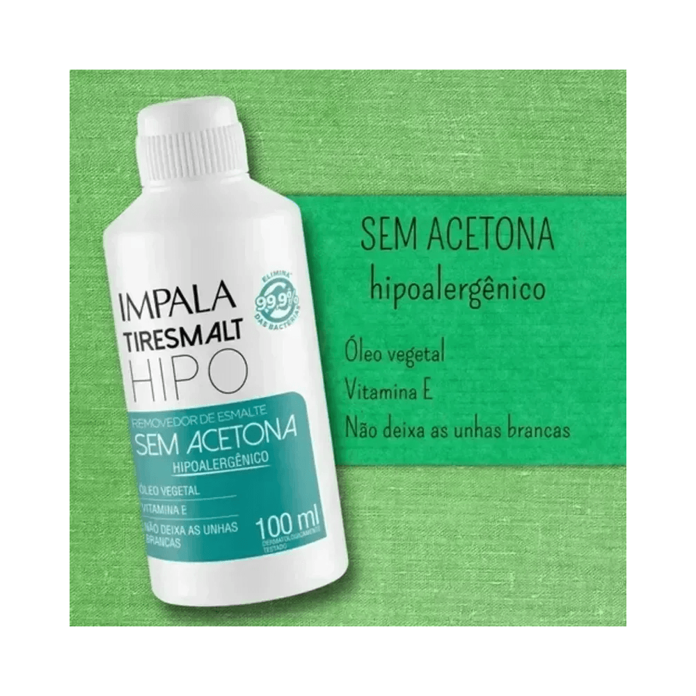 Imagem promocional do removedor Impala Tiresmalt Hipo 100ml sobre fundo verde texturizado
