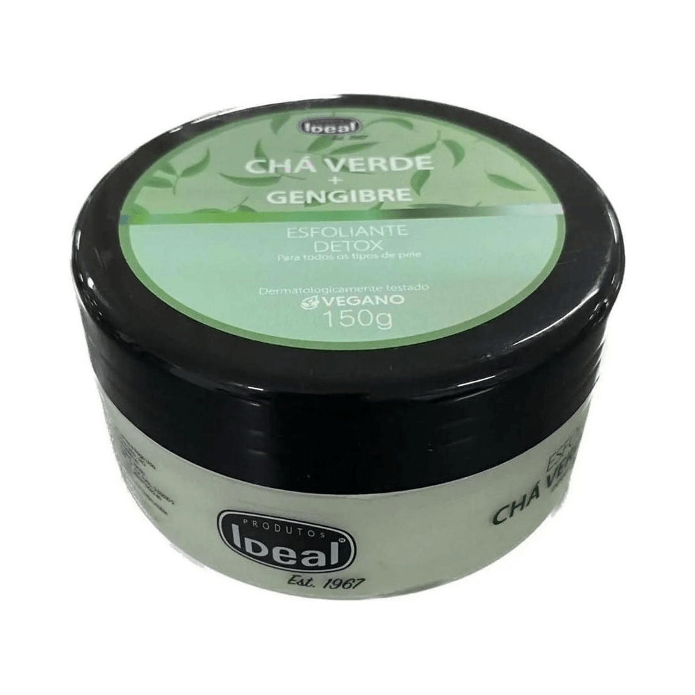 Pote fechado do Esfoliante Ideal Chá Verde + Gengibre 150g com rótulo verde