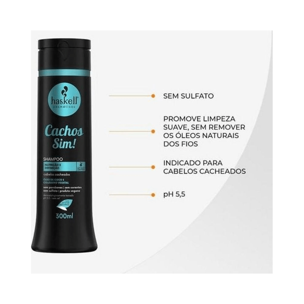 Shampoo Haskell Cachos Sim! 300ml - destaque de benefícios: sem sulfato, pH 5.5