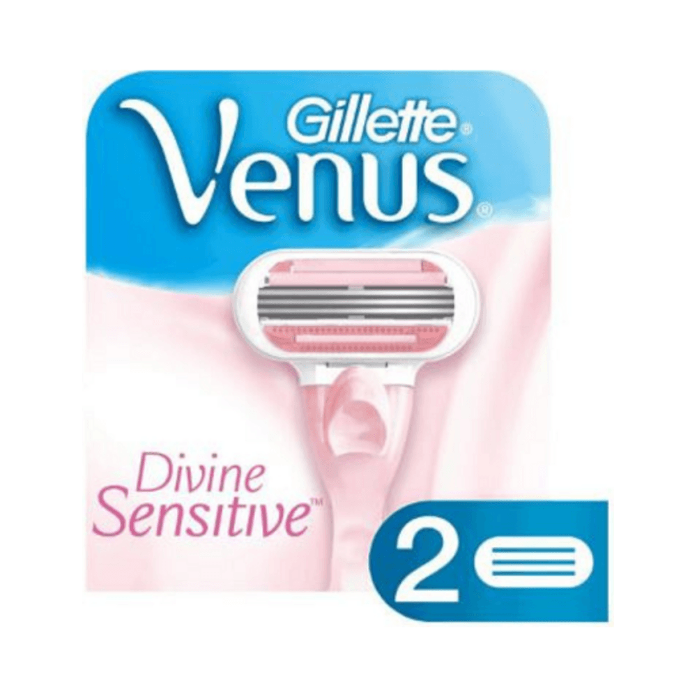 Imagem frontal simplificada da embalagem Gillette Venus Divine Sensitive mostrando cartucho rosa e indicação 2 unidades
