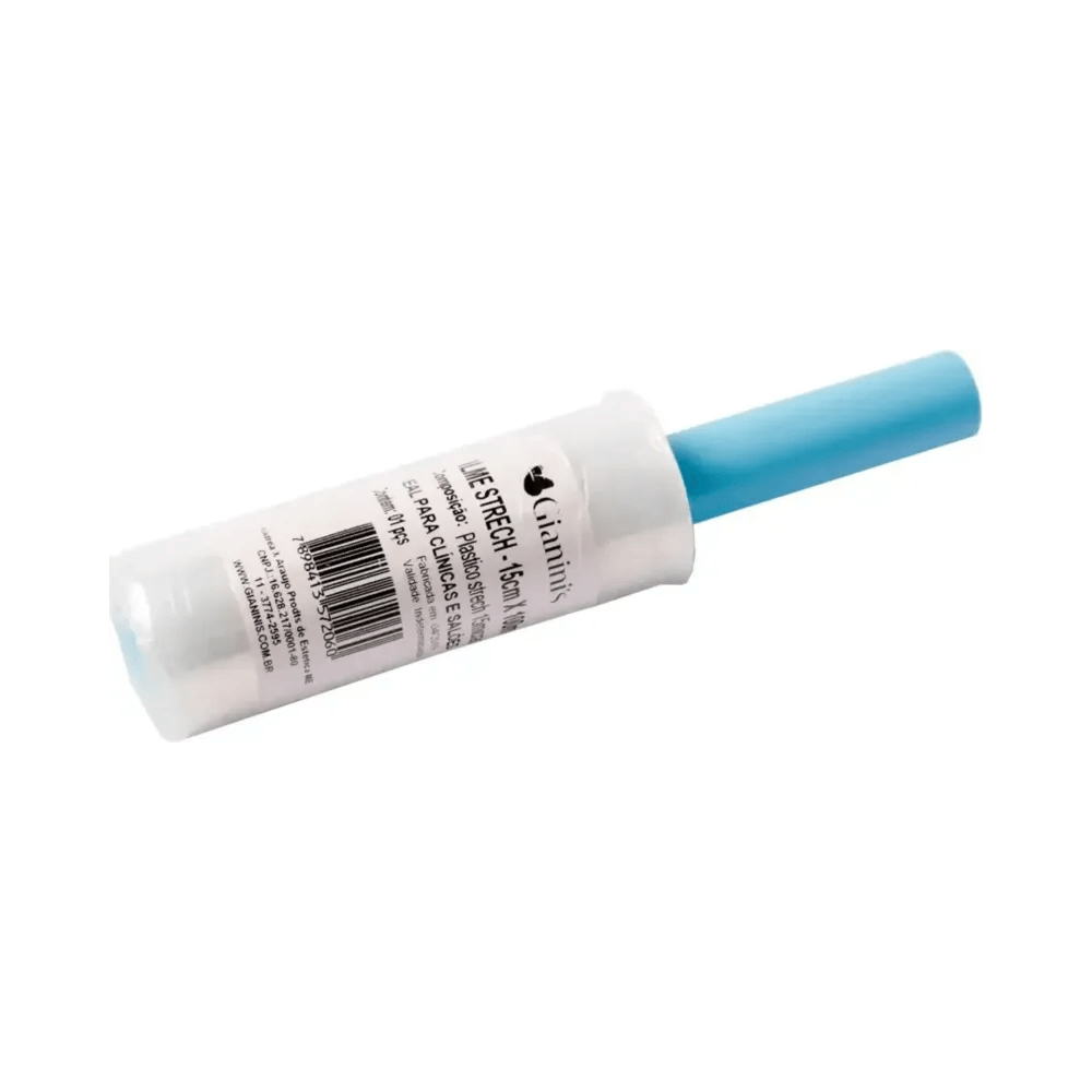 Rolo de filme stretch Gianinis com cabo azul e etiqueta, 15cm x 100m