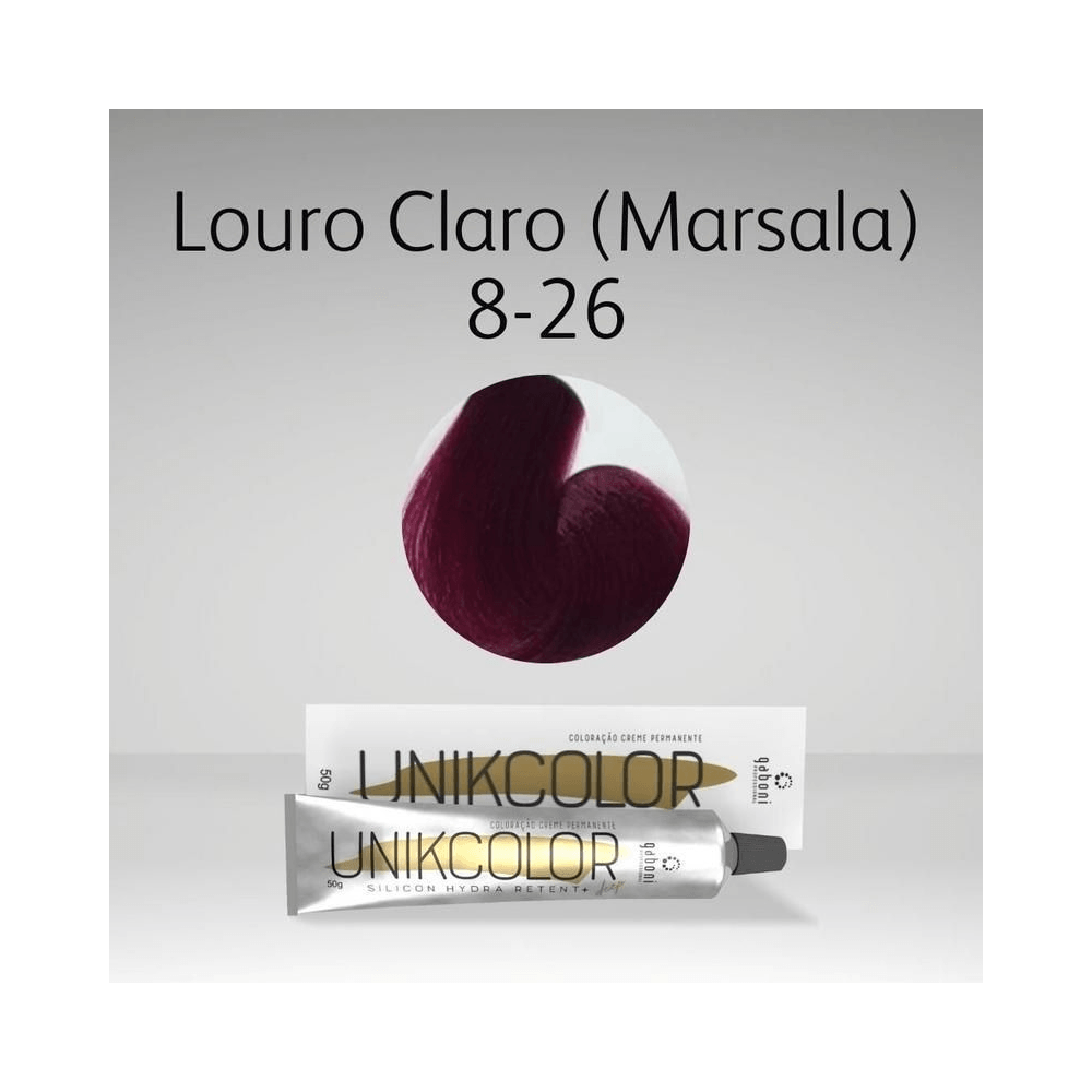 Amostra de cor Louro Claro Marsala 8-26 e embalagem Unikcolor 50g