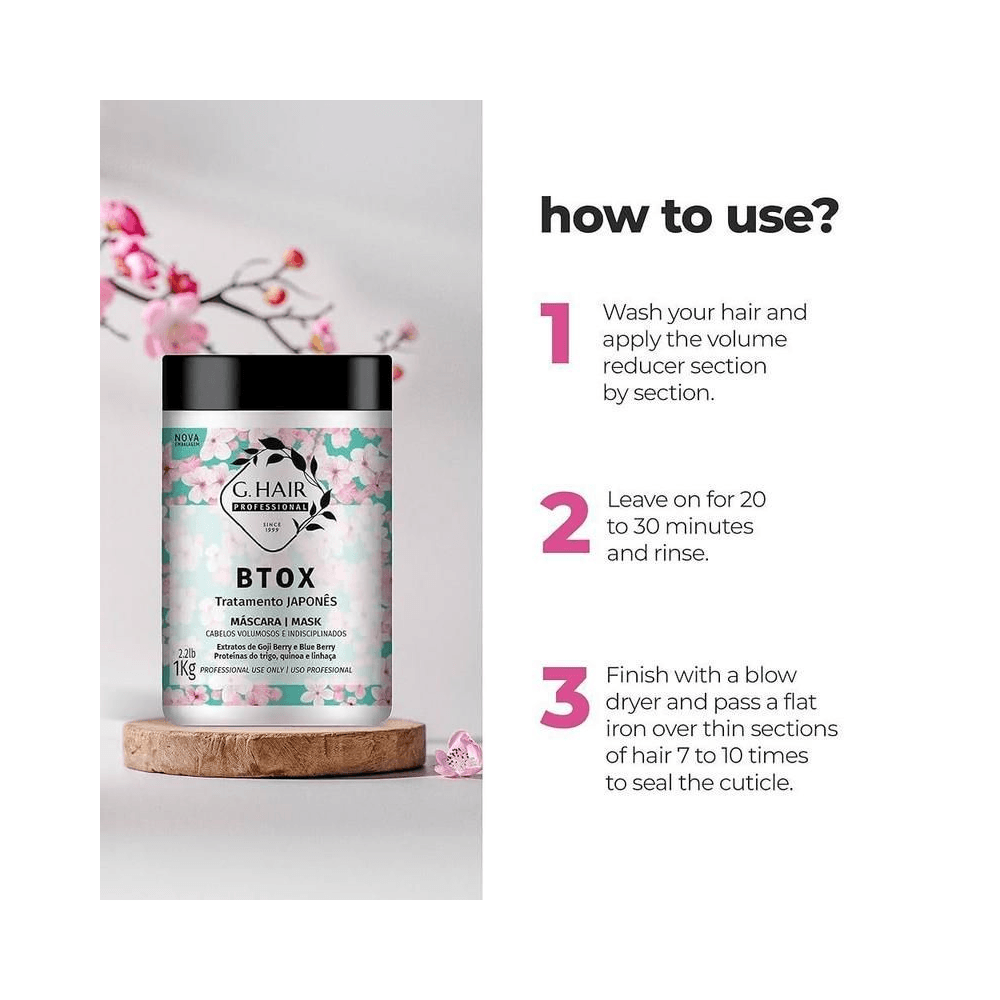 Pote da máscara G.Hair BTOX 1kg com instruções de uso