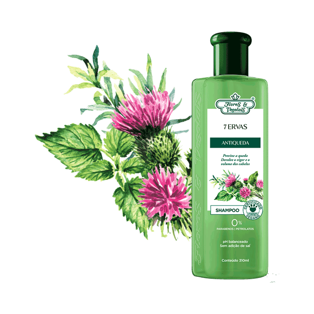 Composição Shampoo Flores & Vegetais 7 Ervas com ilustração botânica