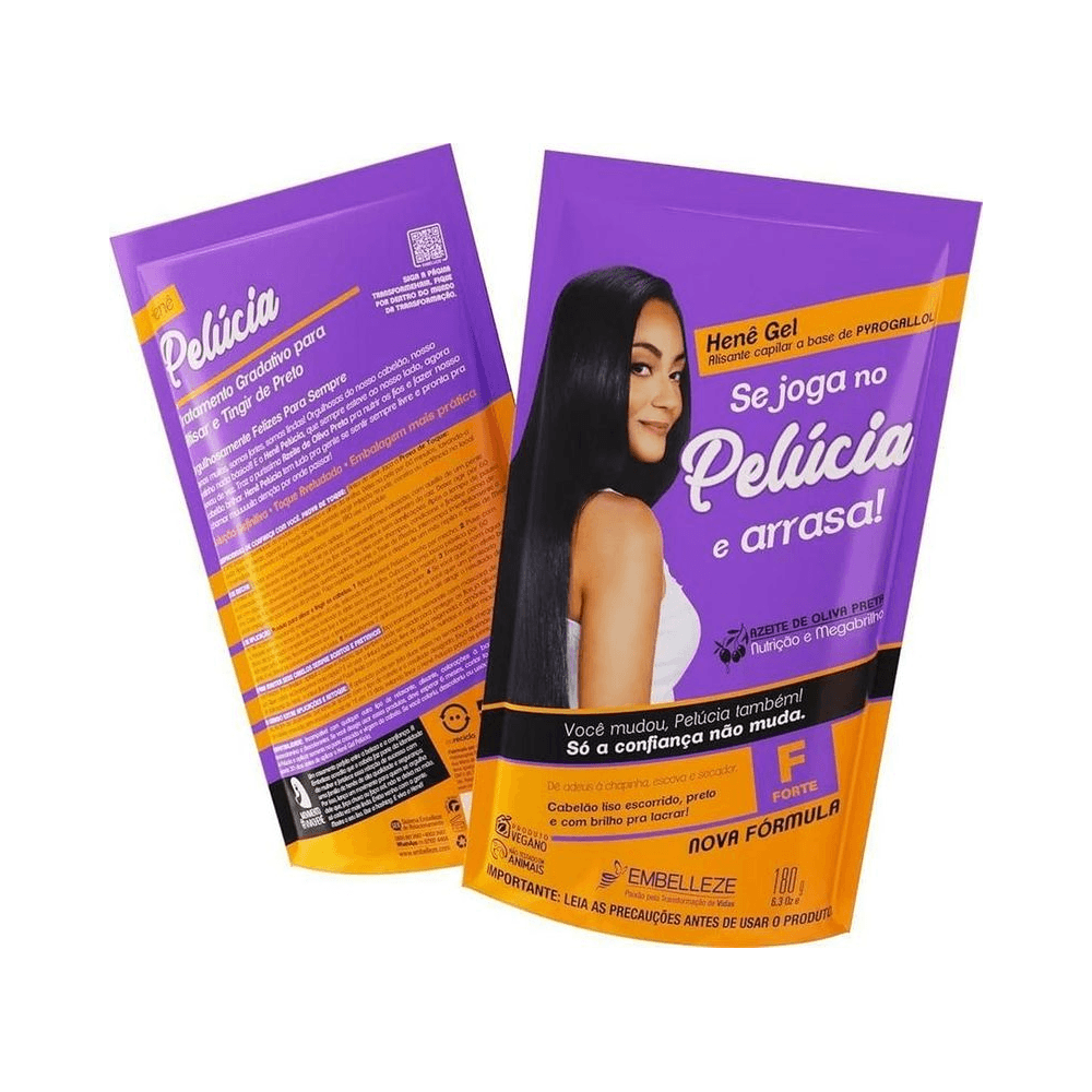Duas embalagens Henê Pelúcia Pouch Forte 180g mostrando frente e verso