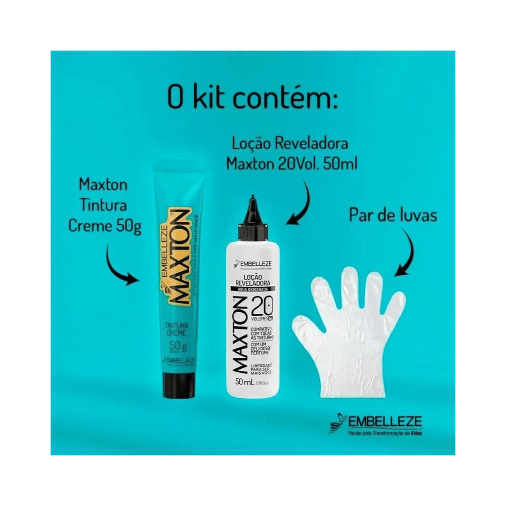 Conteúdo do kit Maxton Embelleze - tintura, revelador e luvas