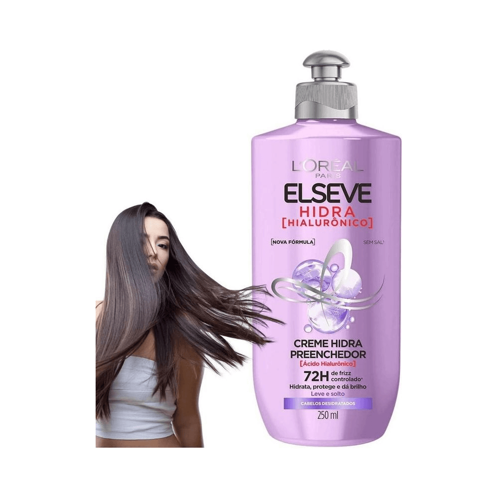 Frasco lilás do Creme de Pentear Elseve Hidra Hialurônico ao lado de modelo