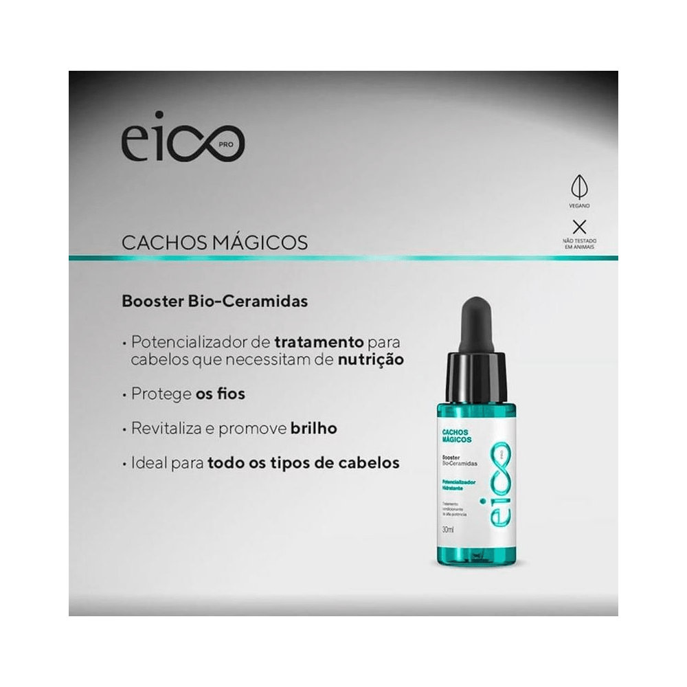 Imagem promocional Booster Eico Professional Cachos Mágicos 30ml com ícones de benefícios