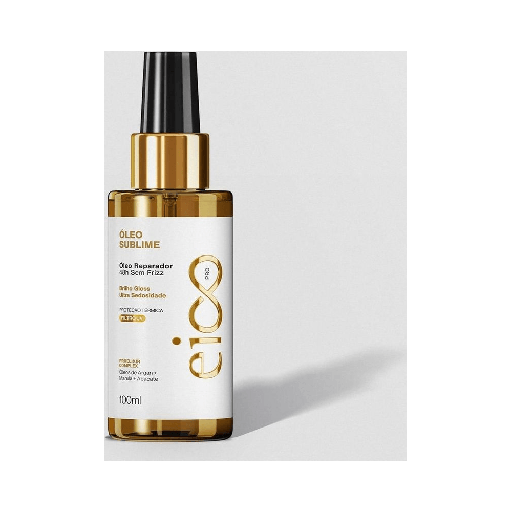 Frasco do Óleo Sublime Eico Professional 100ml em fundo claro com acabamento dourado