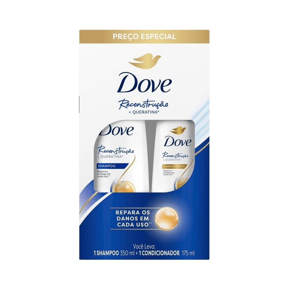 Embalagem do kit Dove Reconstrução mostrando frascos internos