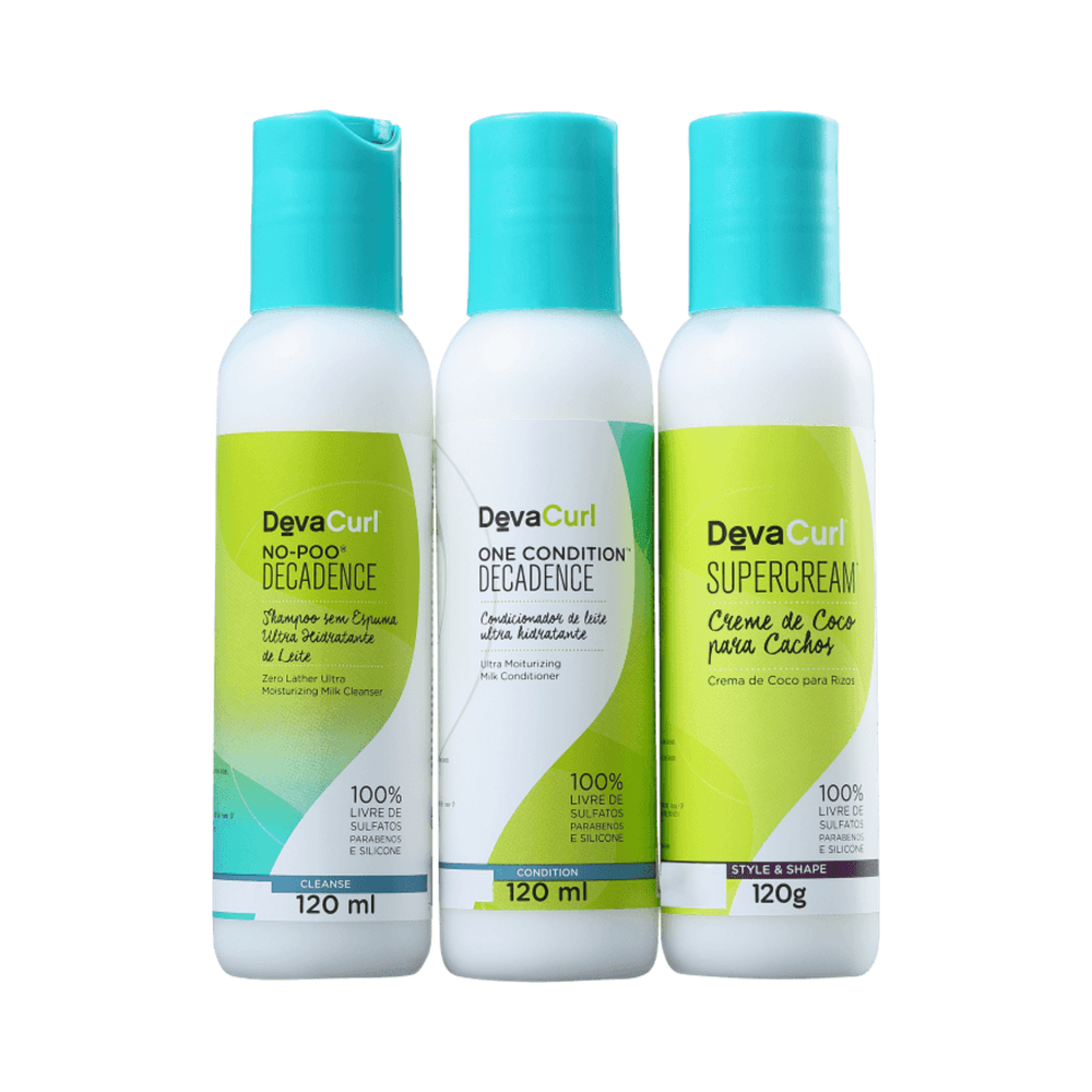Trio de frascos Deva Decadence alinhados: Shampoo, Condicionador e Leave-in
