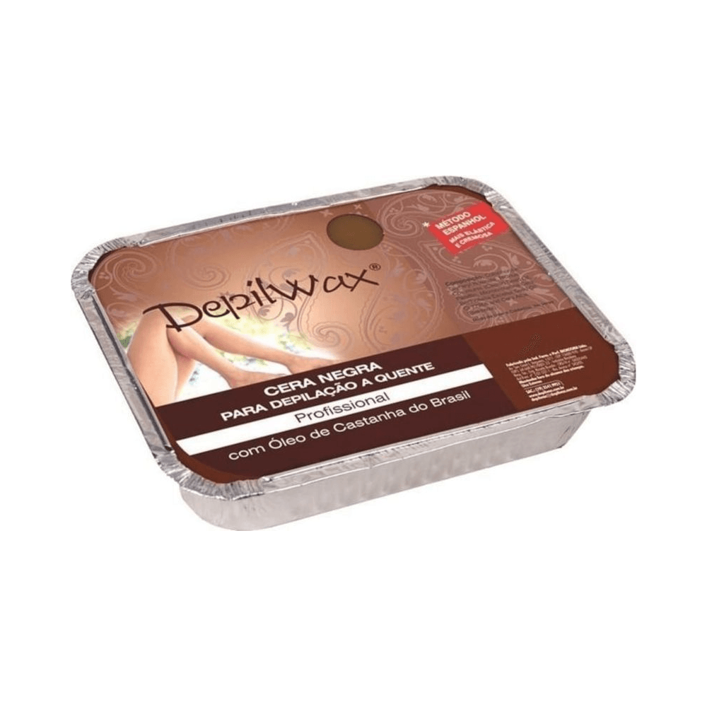 Depilwax Cera Quente Negra 1000g rótulo com indicação de óleo de castanha