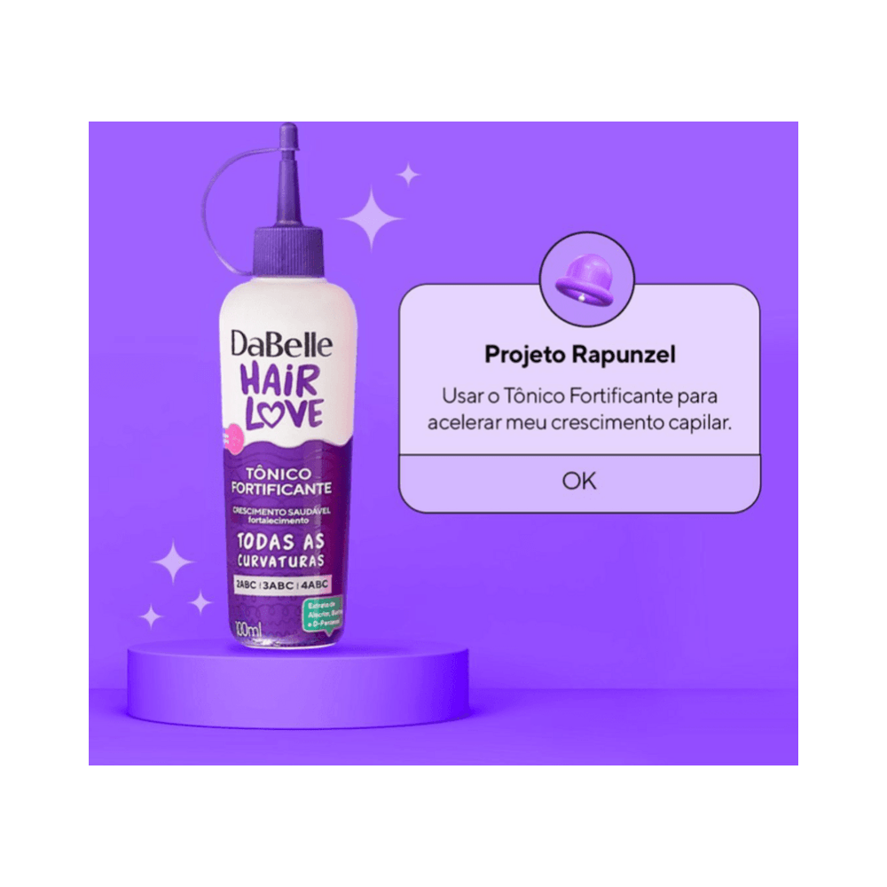 Composição publicitária do Tônico Fortificante DaBelle Hair Love 100ml sobre fundo roxo