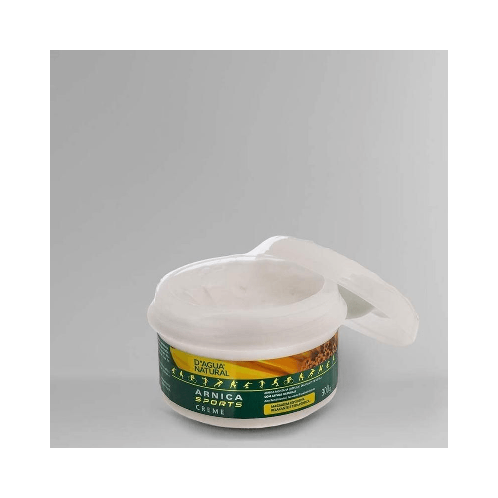 Pote aberto Creme Arnica Sports D'água Natural mostrando a textura cremosa