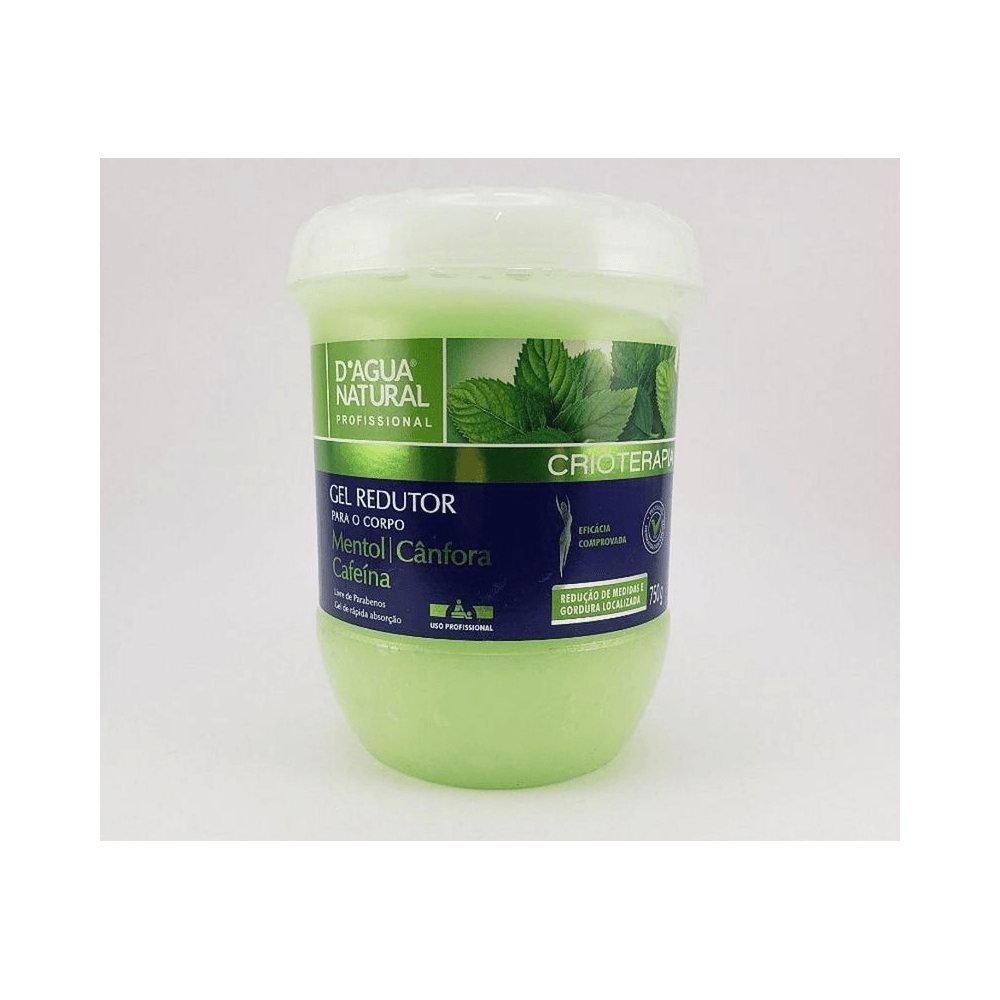 Embalagem translúcida mostrando o gel redutor D'agua Natural 750g