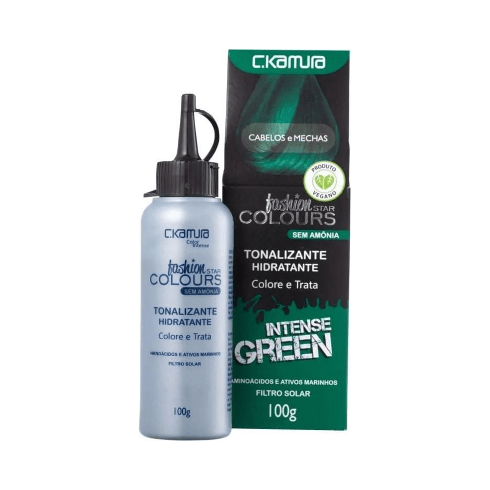 Tonalizante C.Kamura Intense Green com frasco aplicador ao lado da caixa