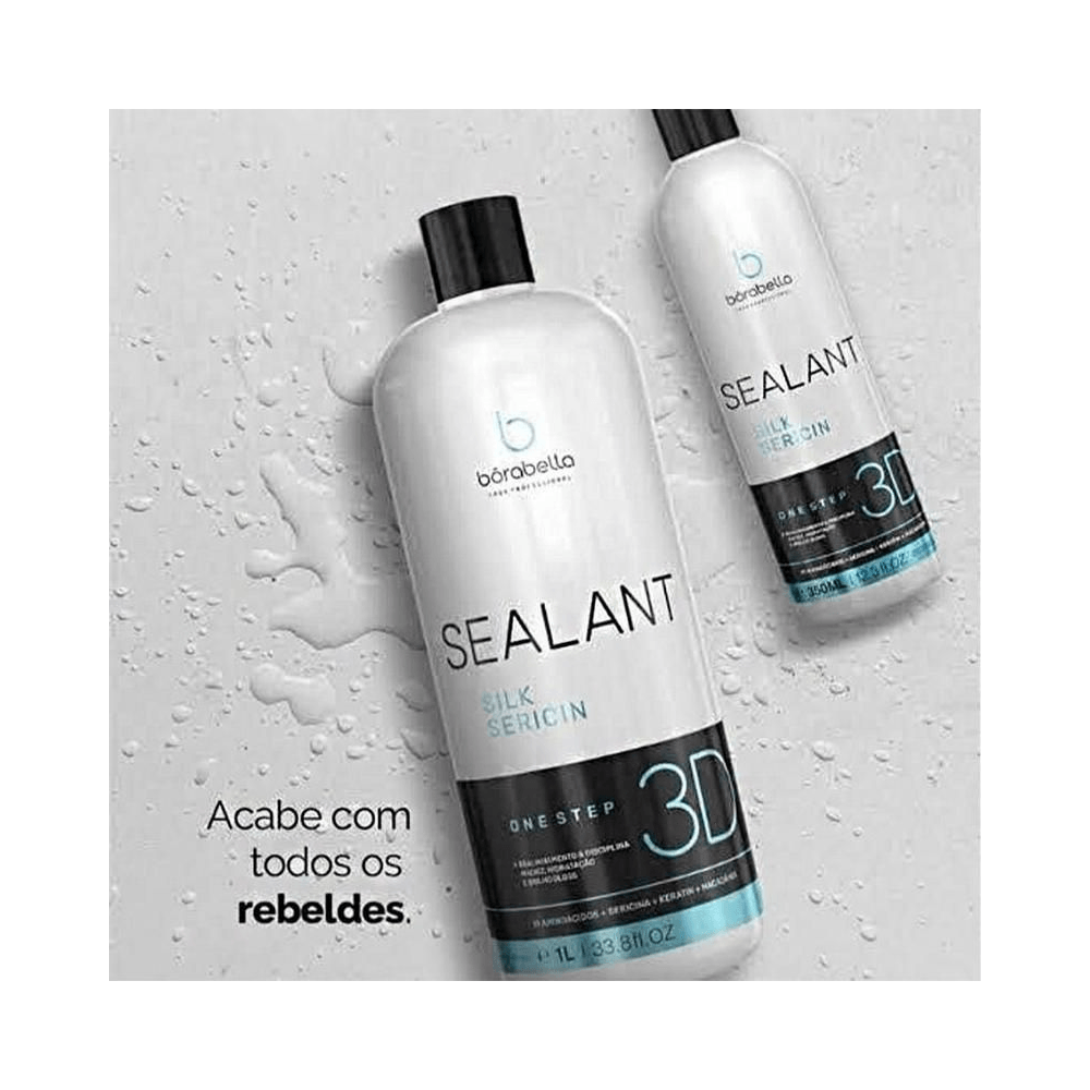 Composição com dois frascos do Selante Borabella 3D Silk Sericin sobre fundo texturizado