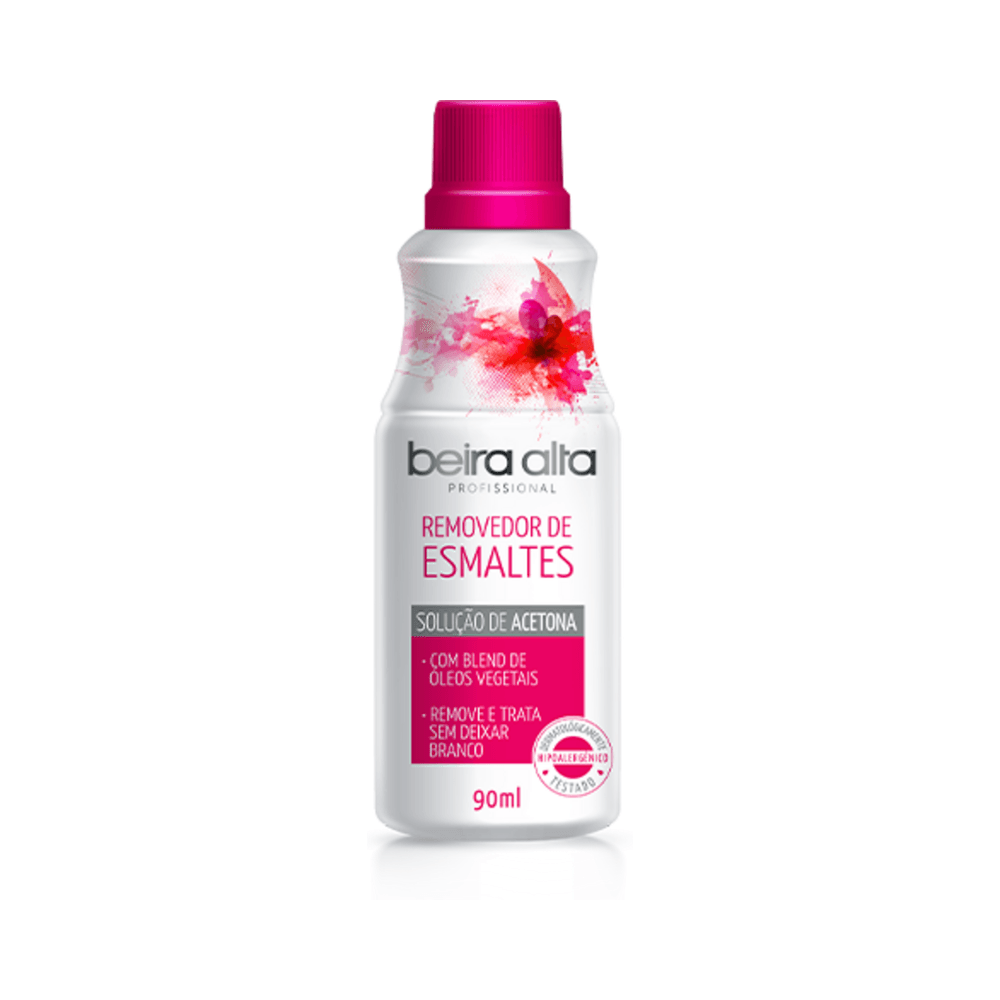 Removedor de Esmalte Beira Alta Acetona 90ml - frasco branco com detalhes rosa, rótulo informativo
