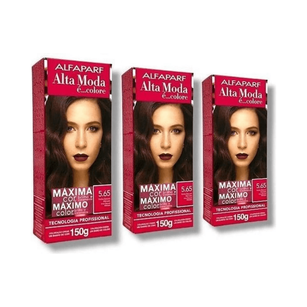 Composição com três caixas da coloração Alfaparf Altamoda 5.65 Vinho Escuro Marsala