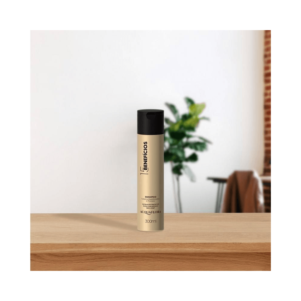 Shampoo Acquaflora 15 Benefícios 300ml em bancada de madeira